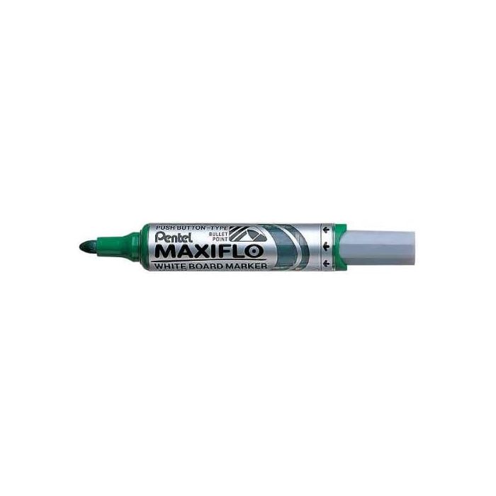 Pentel Maxiflo Rotulador para Pizarra Blanca - Regulacion del Flujo de Tinta - Punta Redonda - Ancho de Linea 2,5mm - 50% de Materiales Reciclados - Color Verde