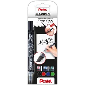 Pentel Maxiflo Flex-Feel Pack de 4 Rotuladores para Pizarra Blanca - Punta Flexible 4.6mm - Dosificacion de Tinta mediante Embolo - Colores Negro, Azul, Rojo y Verde