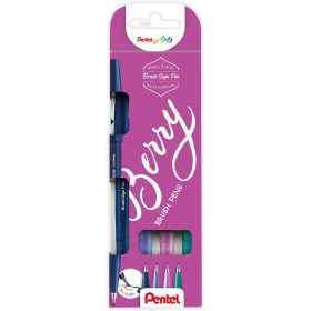 Pentel Brush Sing Pen Berry Pack de 4 Rotuladores con Punta de Pincel - Lineas Finas o Gruesas dependiendo de la Presion - Fabricados con 81% de Plasticos Recicldos - Colores Azul Marino, Azul Violeta, Rosa Violeta y Verde Turquesa