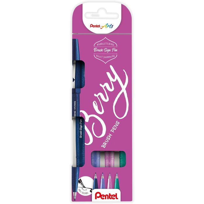 Pentel Brush Sing Pen Berry Pack de 4 Rotuladores con Punta de Pincel - Lineas Finas o Gruesas dependiendo de la Presion - Fabricados con 81% de Plasticos Recicldos - Colores Azul Marino, Azul Violeta, Rosa Violeta y Verde Turquesa