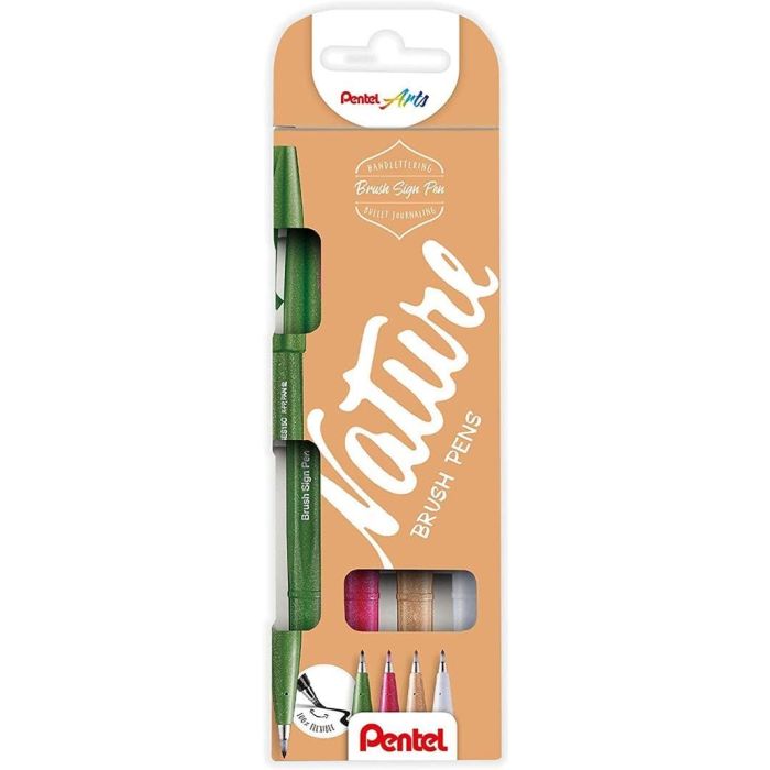 Pentel Brush Sing Pen Nature Pack de 4 Rotuladores con Punta de Pincel - Lineas Finas o Gruesas dependiendo de la Presion - Fabricados con 81% de Plasticos Recicldos - Colores Verde Oliva, Rojo Burgundy, Marron Claro y Gris Claro