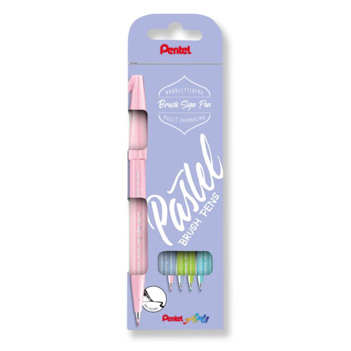 Pentel Brush Sing Pen Pastel Pack de 4 Rotuladores con Punta de Pincel - Lineas Finas o Gruesas dependiendo de la Presion - Fabricados con 81% de Plasticos Recicldos - Colores Azul Grisaceo, Azul Claro, Verde Claro y Rosa