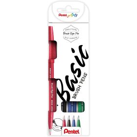 Pentel Brush Sing Pen Basic Pack de 4 Rotuladores con Punta de Pincel - Lineas Finas o Gruesas dependiendo de la Presion - Fabricados con 81% de Plasticos Recicldos - Colores Negro, Azul, Rojo y Verde