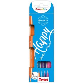 Pentel Brush Sing Pen Happy Pack de 4 Rotuladores con Punta de Pincel - Lineas Finas o Gruesas dependiendo de la Presion - Fabricados con 81% de Plasticos Recicldos - Colores Azul Cielo, Naranja, Violeta y Rosa