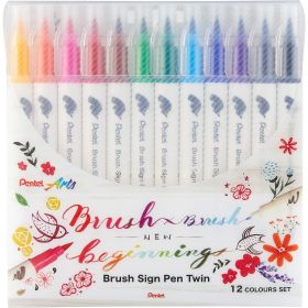 Pentel Brush Sing Pen Twin Pack de 12 Rotuladores con Doble Punta de Pincel Flexible - Punta Ancha 1-4mm, Punta Fina 0,2-2mm - Colores Surtidos