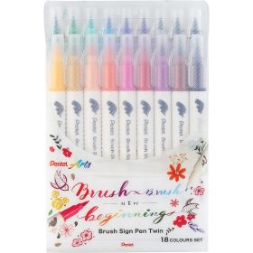 Pentel Brush Sing Pen Twin Pack de 18 Rotuladores con Doble Punta de Pincel Flexible - Punta Ancha 1-4mm, Punta Fina 0,2-2mm - Colores Surtidos