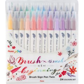 Pentel Brush Sing Pen Twin Pack de 24 Rotuladores con Doble Punta de Pincel Flexible - Punta Ancha 1-4mm, Punta Fina 0,2-2mm - Colores Surtidos