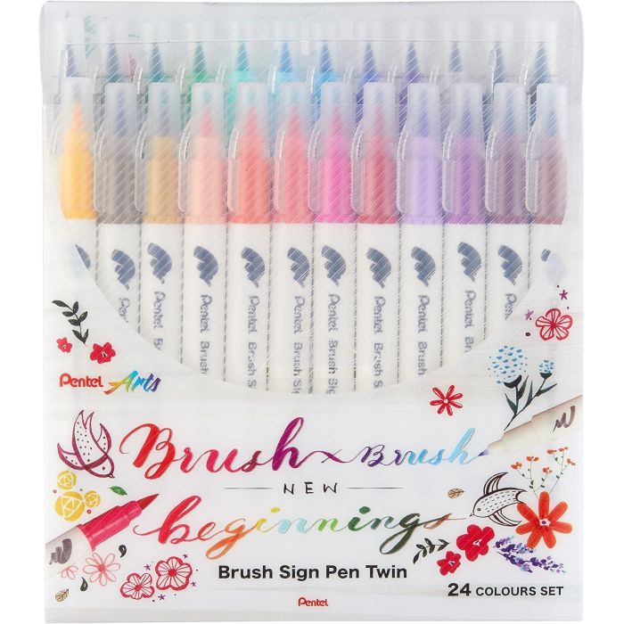 Pentel Brush Sing Pen Twin Pack de 24 Rotuladores con Doble Punta de Pincel Flexible - Punta Ancha 1-4mm, Punta Fina 0,2-2mm - Colores Surtidos