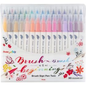 Pentel Brush Sing Pen Twin Pack de 30 Rotuladores con Doble Punta de Pincel Flexible - Punta Ancha 1-4mm, Punta Fina 0,2-2mm - Colores Surtidos