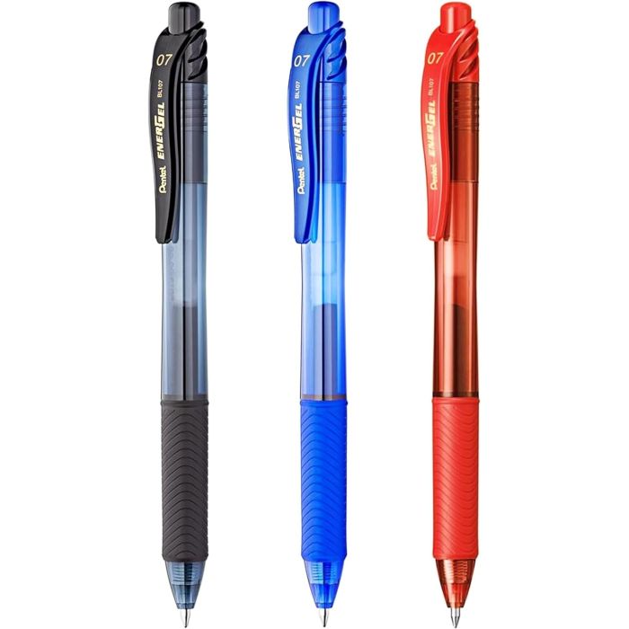 Pentel EnerGel X Pack de 3 Boligrafos de Bola Retractiles Tinta Gel - Punta 0.7mm - Trazo 0.35mm - Recargable - Grip de Agarre - 50% de Materiales Reciclados - Color Negro, Azul y Rojo