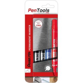Pentel PenTools Pack de 4 Rotuladores Permanentes Industriales Pentel Pen N50 - Punta Conica Resistente y Duradera - Trazo 2mm - Resistente a Agua y Luz - Colores 2x Negro, Azul, y Rojo