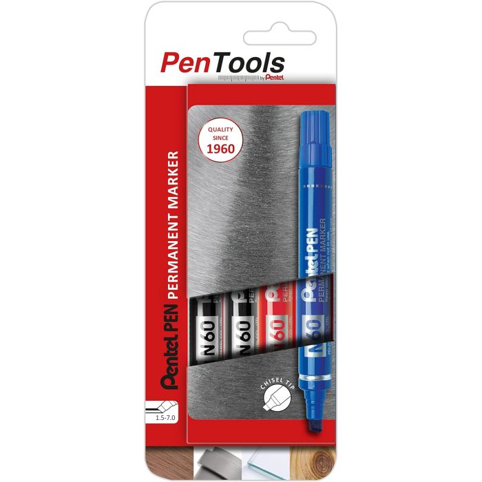 Pentel PenTools Pack de 4 Rotuladores Permanentes Industriales Pentel Pen N60 - Punta Biselada Resistente y Duradera - Trazo 1,5-7mm - Resistente a Agua y Luz - Colores 2x Negro, Azul, y Rojo