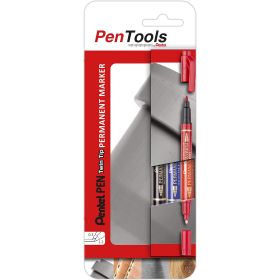 Pentel PenTools Pack de 3 Rotuladores Permanentes Industriales Pentel Pen Twin Tip - Doble Punta - Extrafina 0,6mm y Fina 3.5mm - Resistente a Agua y Luz - Colores Negro, Azul, y Rojo