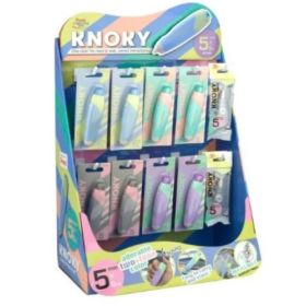 Pentel Knoky Expositor de 48 Cintas Correctoras 5mm x 6m + 12 Recambios - Mecanismo de Presion - Forma Ergonomica - Recargable - Colores Surtidos