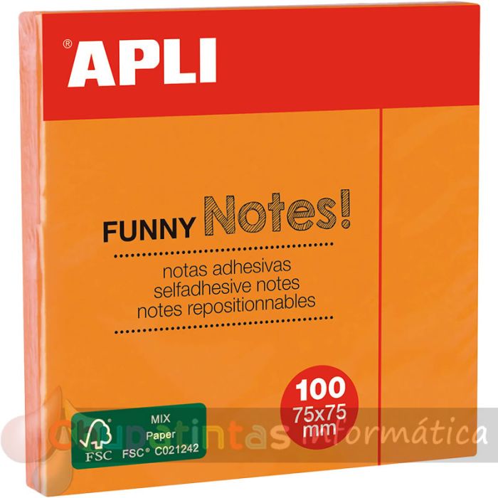 Apli Notas Adhesivas Funny 75x75mm - Bloc de 100 Hojas - Adhesivo de Calidad - Color Naranja Fluorescente-1