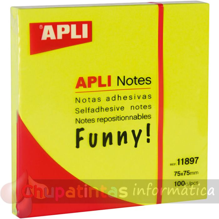 Apli Notas Adhesivas Funny 75x75mm - Bloc de 100 Hojas - Adhesivo de Calidad - Color Amarillo Fluorescente-1