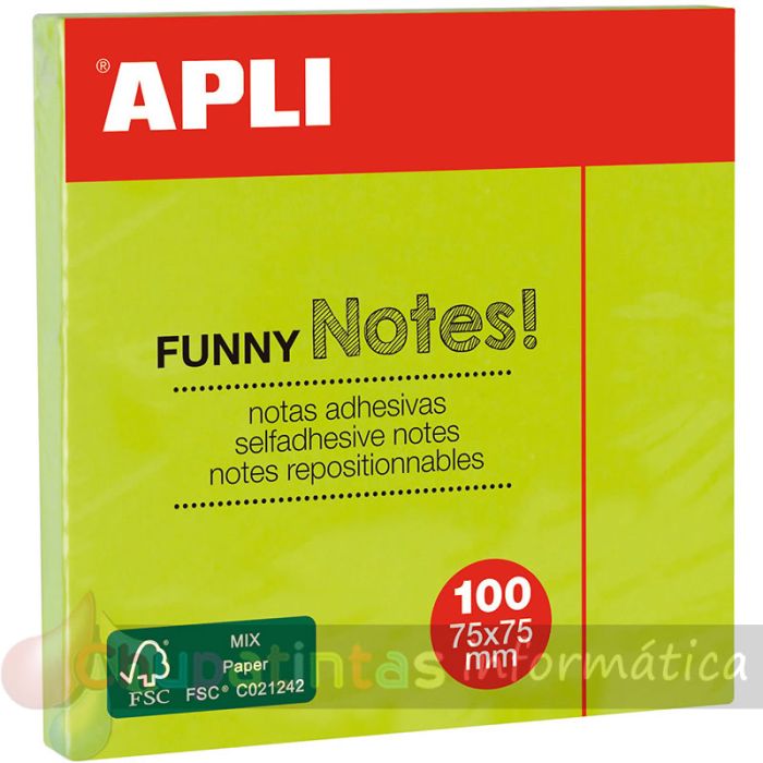 Apli Notas Adhesivas Funny 75x75mm - Bloc de 100 Hojas - Adhesivo de Calidad - Color Verde Fluorescente-1
