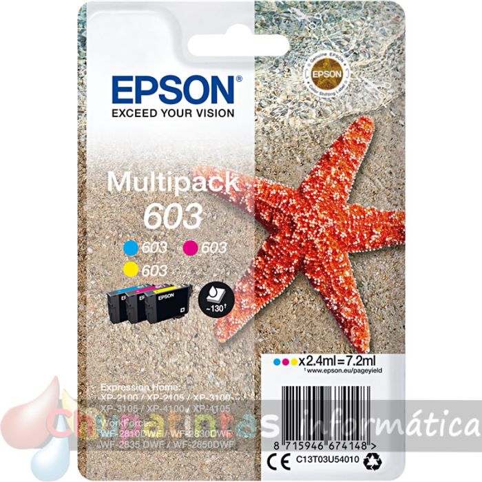 Epson 603 Pack de 3 Cartuchos de Tinta Originales - Cyan, Magenta, Amarillo - C13T03U54010