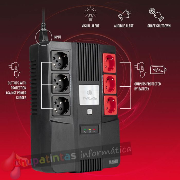 NGS Fortress Bunker SAI 600VA UPS 360W - Batería Incorporada 12V/7 - Tecnología Off Line - Función AVR - Protección-2