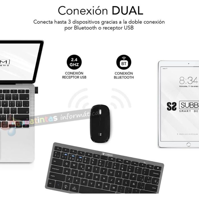 Subblim Combo Multidispositivo - Teclado y Ratón - inalámbrica Bluetooth y - Ratón con batería recargable - Color Negro-3