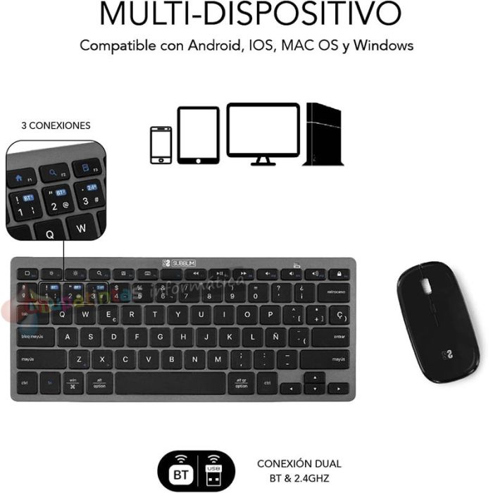 Subblim Combo Multidispositivo - Teclado y Ratón - inalámbrica Bluetooth y - Ratón con batería recargable - Color Negro-7