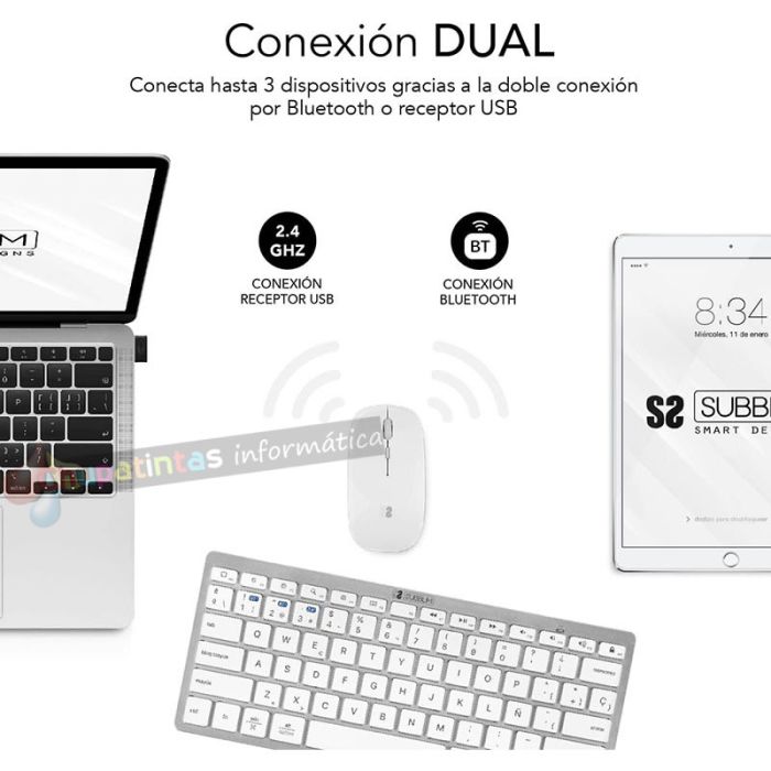 Subblim Combo Multidispositivo - Teclado y Ratón - inalámbrica Bluetooth y - Ratón con batería recargable - Color Blanco-3