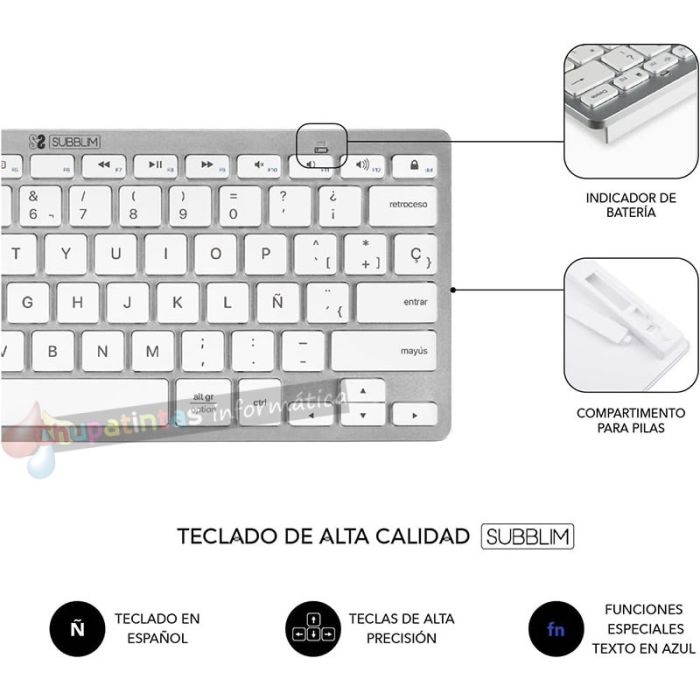 Subblim Combo Multidispositivo - Teclado y Ratón - inalámbrica Bluetooth y - Ratón con batería recargable - Color Blanco-6