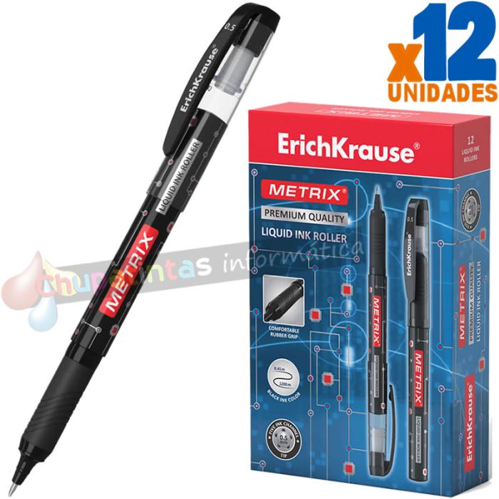 Erichkrause Metrix - Roller Clásico con Punta Normal - Cuerpo Ligero de Plástico - Tinta de Gel de Secado Rápido - Color Negro-1