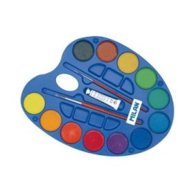 Milan Paleta de 12 Acuarelas Ø45 mm + Tubo de Pintura Blanca + 2 Pinceles Serie 101 - Mezclable - Colores Surtidos