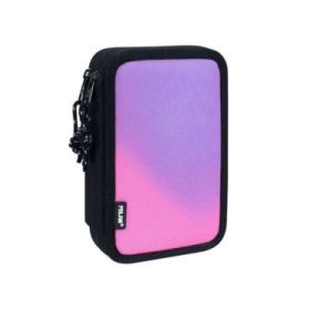 Milan Sunset Plumier de 2 Pisos con 2 Gomas de Borrar, Sacapuntas, Lapiz, Boligrafo Compact, Regla, 12 Lapices de Colores y 18 Rotuladores - Color Negro/Rosa