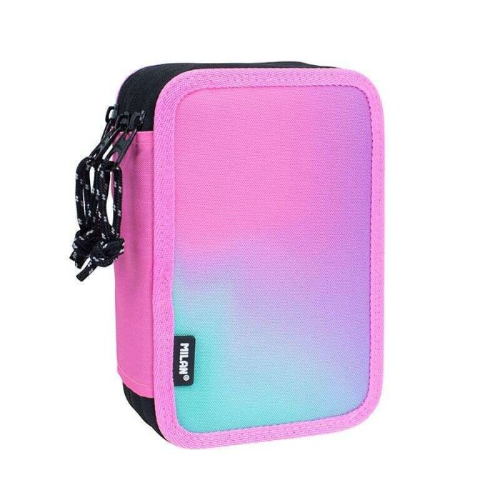 Milan Sunset Plumier de 3 Pisos con Goma de Borrar, Sacapuntas, Lapiz, 3 Boligrafos Capsule, Regla, 12 Lapices de Colores, 6 Lapices de Colores Metalizados, 5 Fluorescentes, Tijeras y 18 Rotuladores - Color Rosa