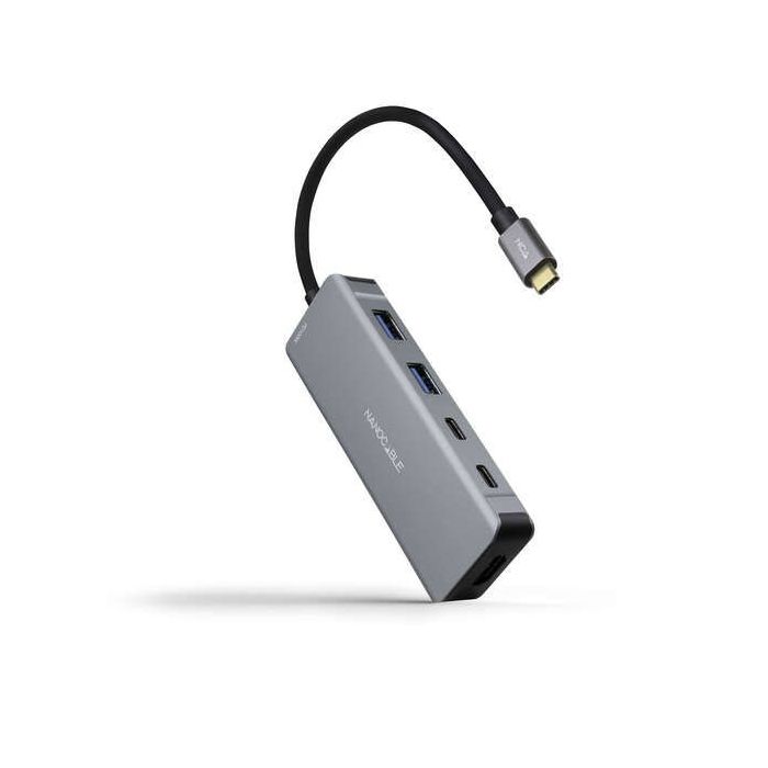 Nanocable HUB USB-C 6 en 1 - Conversor USB-C 3.2 GEN1 5G a 2 x USB-A + 2 x USB-C + HDMI + USB-C PD 100W - Aluminio - 15 cm - Color Gris