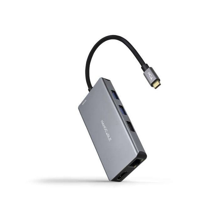 Nanocable HUB USB-C 9 en 1 -Conversor USB-C a 3 x USB-A + 2 x HDMI + RJ45 + TF + SD + USB-C PD 100W - Aluminio - 15cm - Color Gris