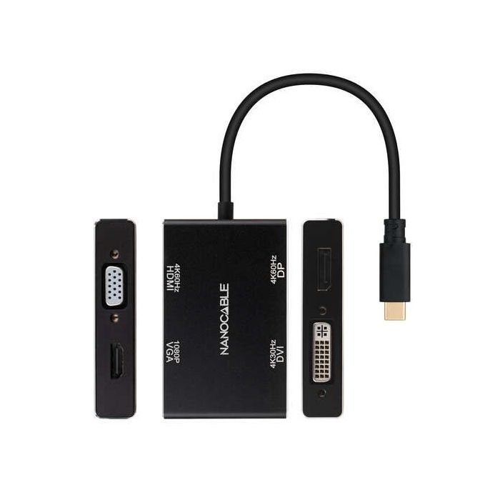 Nanocable Conversor USB-C/M a HDMI/H + DVI/H + DP/H + VGA/H - 10cm - Color Negro