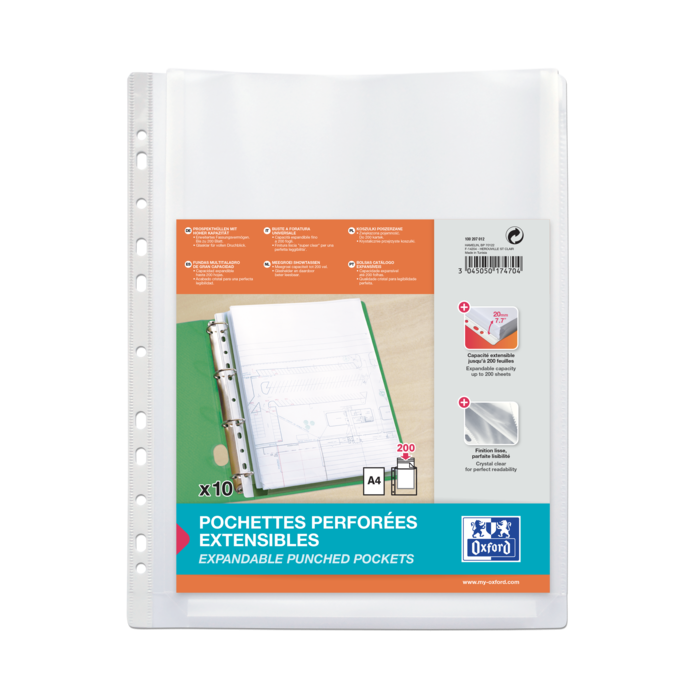 Oxford A4 Fundas Multitaladro Gran Capacidad - Fuelle Polipropileno 200µ - Acabado Cristal