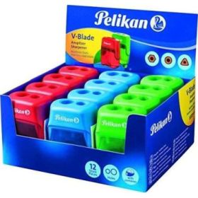 Pelikan Expositor de 12 Sacapuntas V-Blade Doble Orificio + Deposito - Dos Orificios y Deposito - Disponible en Azul, Rojo y Verde