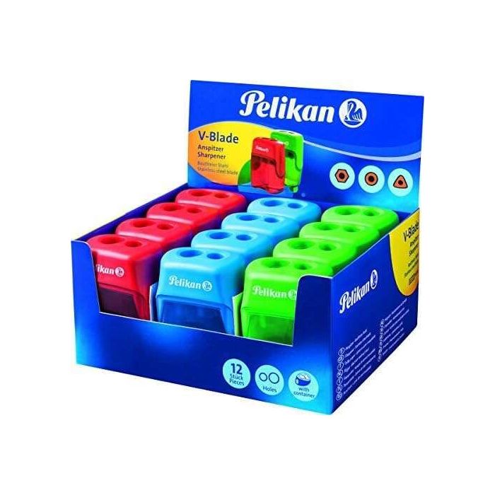 Pelikan Expositor de 12 Sacapuntas V-Blade Doble Orificio + Deposito - Dos Orificios y Deposito - Disponible en Azul, Rojo y Verde