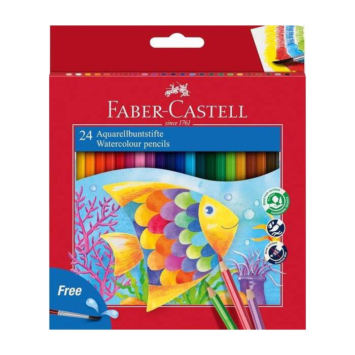 Faber-Castell Classic Colour Acuarelable Pack de 24 Lapices de Colores Hexagonales Acuarelables + Pincel - Resistencia a la Rotura - Colores Surtidos