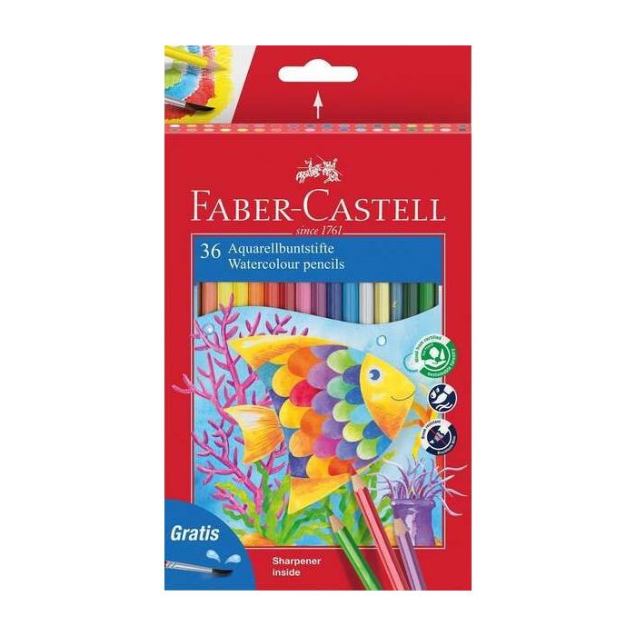 Faber-Castell Classic Colour Acuarelable Pack de 36 Lapices de Colores Hexagonales Acuarelables + Pincel - Resistencia a la Rotura - Colores Surtidos