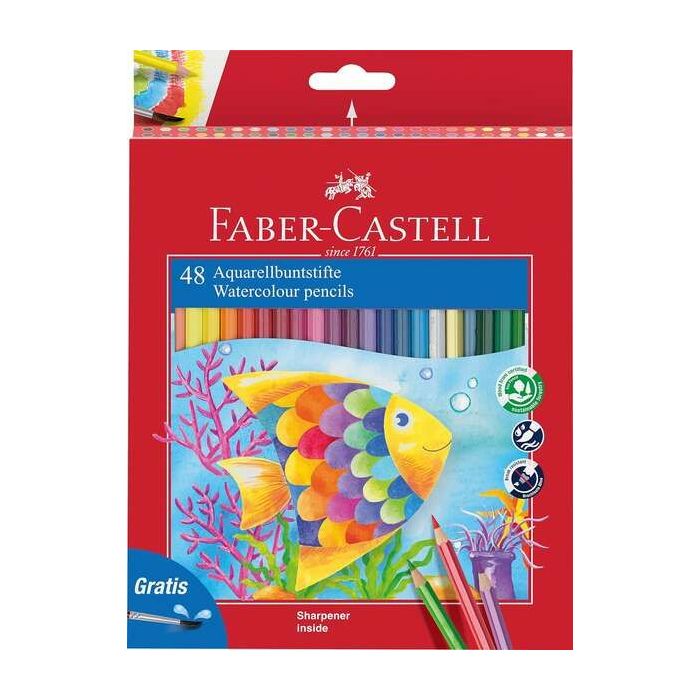 Faber-Castell Classic Colour Acuarelable Pack de 48 Lapices de Colores Hexagonales Acuarelables + Pincel - Resistencia a la Rotura - Colores Surtidos