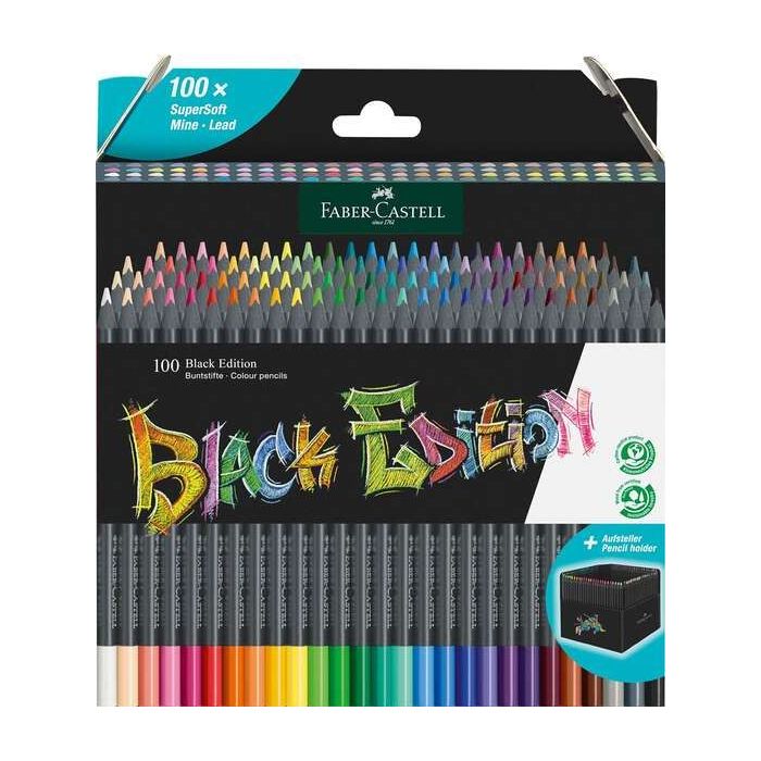 Faber-Castell Black Edition Pack de 100 Lapices de Colores - Mina Supersuave - Madera Negra - Ideales para Dibujo sobre Papel Claro, Oscuro y de Colores - Colores Surtidos