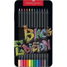 Faber-Castell Black Edition Caja Metalica de 12 Lapices de Colores - Mina Supersuave - Madera Negra - Ideales para Dibujo sobre Papel Claro, Oscuro y de Colores - Colores Surtidos