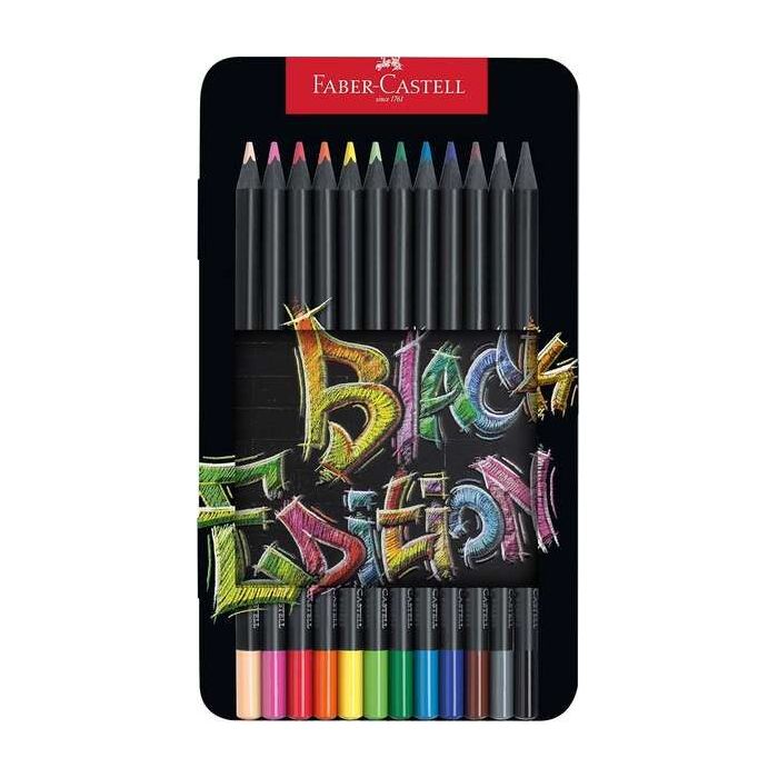Faber-Castell Black Edition Caja Metalica de 12 Lapices de Colores - Mina Supersuave - Madera Negra - Ideales para Dibujo sobre Papel Claro, Oscuro y de Colores - Colores Surtidos