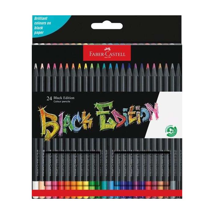 Faber-Castell Black Edition Pack de 24 Lapices de Colores - Mina Supersuave - Madera Negra - Ideales para Dibujo sobre Papel Claro, Oscuro y de Colores - Colores Surtidos
