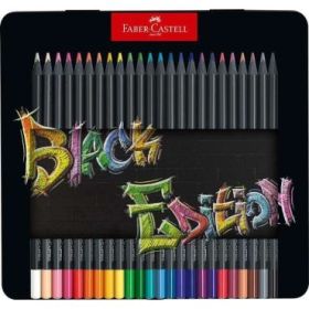 Faber-Castell Black Edition Caja Metalica de 24 Lapices de Colores - Mina Supersuave - Madera Negra - Ideales para Dibujo sobre Papel Claro, Oscuro y de Colores - Colores Surtidos