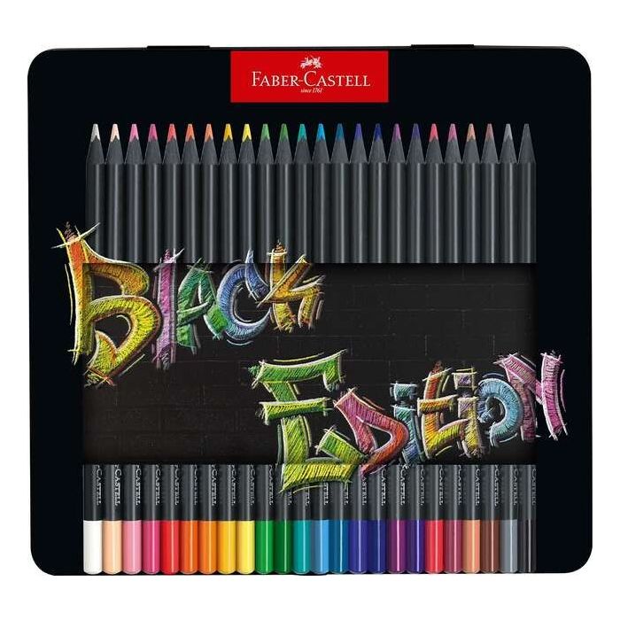 Faber-Castell Black Edition Caja Metalica de 24 Lapices de Colores - Mina Supersuave - Madera Negra - Ideales para Dibujo sobre Papel Claro, Oscuro y de Colores - Colores Surtidos