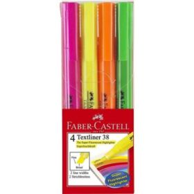 Faber-Castell Textliner 38 Pack de 4 Marcadores Fluorescentes - Cuerpo Fino - Punta Biselada - Trazo Grueso y Fino - Tinta con Base de Agua - Colores Surtidos
