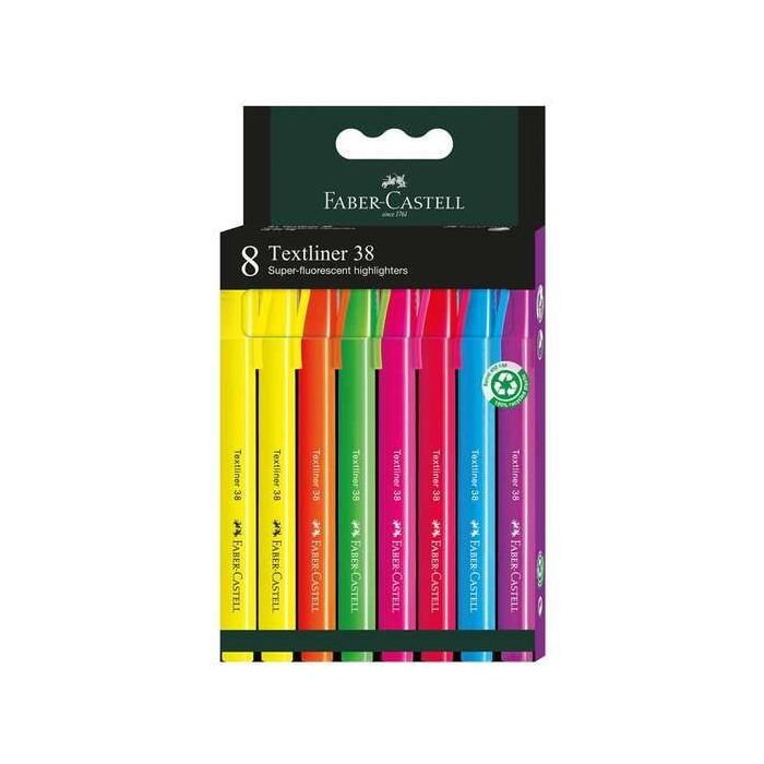 Faber-Castell Textliner 38 Pack de 8 Marcadores Fluorescentes - Cuerpo Fino - Punta Biselada - Trazo Grueso y Fino - Tinta con Base de Agua - Colores Surtidos
