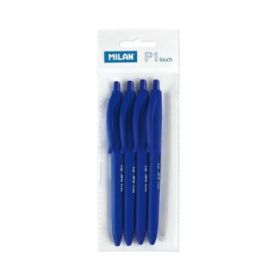 Milan P1 Touch Pack de 4 Boligrafos de Bola Retractiles - Punta Redonda 1mm - Tinta con Base de Aceite - Escritura Suave - 1.200m de Escritura - Color Azul