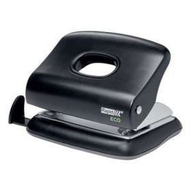 Rapid Eco Taladro Perforador - Perfora hasta 20 Hojas - Facil Vaciado - Punzones 5.5mm - Fabricado con un 74% de Plastico Reciclado Postconsumo - Color Negro